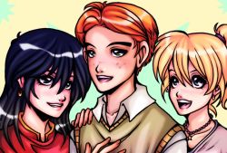 1boy 2girls archie archie_andrews archie_comics betty_cooper black_hair blonde_hair blue_eyes blunt_bangs dracoplato earrings freckles green_eyes jewelry long_hair multiple_girls necklace open_mouth orange_hair short_hair smile veronica_lodge vest