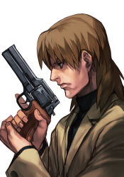 1boy brown_eyes brown_hair closed_mouth coat ghost_in_the_shell ghost_in_the_shell:_stand_alone_complex gun handgun holding holding_gun holding_weapon hungry_clicker low_bore_axis_revolver male_focus manly mateba_2008m mullet profile revolver solo sweater togusa_(gits) turtleneck turtleneck_sweater weapon white_background