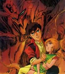 1980s_(style) 1boy 1girl age_difference angry beam_cannon blue_eyes brown_hair carrying carrying_person clenched_teeth demon elpeo_puru energy fire green_eyes grin gundam gundam_zz hallucination holding jacket judau_ashta key_visual kitazume_hiroyuki magazine_scan mecha mobile_suit monster muzzle official_art oldschool orange_hair pain production_art promotional_art psycho_gundam_mk_ii retro_artstyle robot scan science_fiction size_difference smile teeth upper_body v-fin