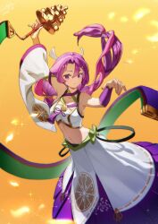 1girl absurdres arm_up arm_warmers armpits bare_shoulders breasts character_request cleavage closed_mouth collarbone commentary_request crop_top detached_sleeves duel_monster groin hair_between_eyes hakama hakama_skirt highres holding japanese_clothes lanoyee long_hair looking_at_viewer low_ponytail medium_breasts midriff navel orange_background ponytail purple_eyes purple_hair purple_skirt shirt sidelocks single_arm_warmer single_detached_sleeve skirt sleeveless sleeveless_shirt smile solo standing white_shirt white_sleeves yu-gi-oh!