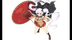1girl absurdres black_cape black_socks breasts brown_jacket brown_shoes cape eyepatch highres holding holding_umbrella jacket large_breasts long_hair long_sleeves necktie non-web_source official_art oil-paper_umbrella pillarboxed red_eyes red_necktie red_skirt senran_kagura senran_kagura_burst_re:newal shoes shuriken_hair_ornament skirt socks solo thighs twintails umbrella white_background white_hair yaegashi_nan yagyu_(senran_kagura)