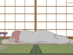 1girl animated animated_gif arms_up black_eyes blanket brown_hair foreshortening futon indoors jitome kawawagi long_hair long_sleeves lying original pants pillow pixel_art shouji sleeping sliding_doors solo standing stretching table tatami walking