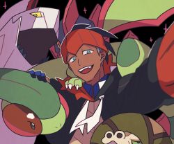 1boy :d black_hair black_hoodie collared_shirt commentary dark-skinned_male dark_skin duraludon earrings flygon gen_3_pokemon gen_8_pokemon gloves gym_leader half-closed_eyes hood hoodie jewelry male_focus nintendo open_mouth partially_fingerless_gloves pokemon pokemon_(creature) pokemon_swsh raihan_(pokemon) sandaconda shirt short_hair smile sparkle ssalbulre teeth tongue undercut upper_teeth_only