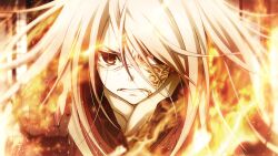 1girl angry black_gloves brown_scarf burn_scar burning chaos;child clenched_teeth constricted_pupils facial_scar facing_viewer fiery_background fire game_cg gloves haida_riko hair_over_one_eye hand_up highres jacket leather leather_gloves long_hair looking_at_viewer messy_hair non-web_source official_art pyrokinesis red_eyes red_jacket red_theme sasaki_mutsumi scar scar_on_cheek scar_on_face scarf solo stray_hair teeth v-shaped_eyebrows white_hair