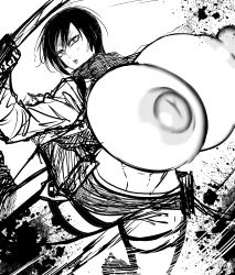 1girl absurdres alternate_breast_size angry blood blood_stain breasts dual_wielding gigantic_breasts hair_between_eyes highres holding huge_nipples large_areolae midair mikasa_ackerman monochrome puffy_nipples shincoconuttsu shingeki_no_kyojin short_hair sketch solo sword three-dimensional_maneuver_gear weapon