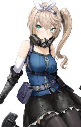 Rule 34 | 1girl, absurdres, bare shoulders, belt, black skirt, black thighhighs, bow hairband, breasts, brown hair, chest harness, cleavage, elbow gloves, feet out of frame, gabang, girls&#039; frontline, girls&#039; frontline 2: exilium, gloves, green eyes, hairband, harness, highres, light blush, long hair, magazine (weapon), mask, parted lips, pouch, respirator, sharkry (girls&#039; frontline 2), shirt, side ponytail, sitting, skirt, sleeveless, sleeveless shirt, small breasts, solo, star-shaped pupils, star (symbol), symbol-shaped pupils, thighhighs, wariza, white background