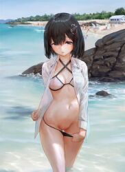 1girl artist_request bikini clothes_pull swimsuit tagme
