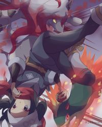 1girl 343rone akari_(pokemon) black_hair black_pantyhose black_shirt commentary_request creatures_(company) eyelashes fire game_freak gen_2_pokemon grey_eyes grey_headwear grey_jacket grey_skirt headscarf highres hisuian_zoroark holding holding_poke_ball jacket long_hair loose_socks nintendo pantyhose poke_ball hisuian_poke_ball pokemon pokemon_(creature) pokemon_legends:_arceus quilava red_scarf scarf shirt sidelocks skirt socks twitter_username white_headscarf white_pantyhose