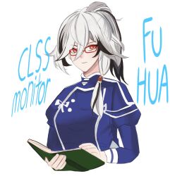 Rule 34 | 1girl, birbrumu, black hair, blue jacket, book, character name, closed mouth, commentary request, cropped torso, fu hua, fu hua (crane of taixuan), fu hua (fenghuang of vicissitude), fu hua (garuda), fu hua (valkyrie accipiter), glasses, highres, holding, holding book, jacket, juliet sleeves, long hair, long sleeves, looking at viewer, majo no takkyuubin, multicolored hair, open book, puffy sleeves, red-framed eyewear, red eyes, simple background, solo, streaked hair, upper body, white background, white hair