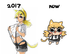 1girl 2017 afei_(sfma3248) aged_up animal_ears artist_progress barefoot black_eyes black_neckwear black_shorts blonde_hair blue_panties breasts cat_ears chibi chinese_commentary collared_shirt commentary_request cowboy_shot artistic_error from_side full_body girls&#039;_frontline hair_ornament hairclip headphones headset highres hip_vent idw_(girls&#039;_frontline) long_hair looking_at_viewer multiple_views navel necktie panties pointing pointing_at_viewer ponytail pulling shirt short_sleeves shorts small_breasts suspenders swept_bangs tail twintails underwear v-shaped_eyebrows white_shirt