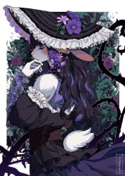 1girl adversarial_noise animal_ears black_hair black_hat blouse body_fur border closed_eyes detached_sleeves eyelashes eyeshadow flower frilled_hat frills from_side furry furry_female goat_ears goat_girl goat_tail hair_flower hair_ornament hat hat_flower highres kaziearts long_hair makeup mole mole_under_eye multicolored_hair original outside_border plant profile purple_eyeshadow purple_hair purple_skirt shirt skirt solo thorns two-tone_hair vines white_border white_fur