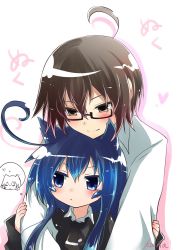 Rule 34 | 1boy, 1girl, :&lt;, :3, ^ ^, acchi kocchi, ahoge, animal ears, artist name, black-framed eyewear, blue eyes, blue hair, blush, brown hair, cardigan, cat ears, closed eyes, closed mouth, collared shirt, colored eyelashes, couple, glasses, hair between eyes, hetero, highres, hug, hug from behind, huge ahoge, kana (251373), kemonomimi mode, long sleeves, miniwa tsumiki, otonashi io, partially colored, school uniform, semi-rimless eyewear, shirt, silhouette, sleeves past wrists, smile, speech bubble, thought bubble, under-rim eyewear, white background, white shirt, wing collar