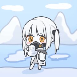 1girl animated animated_gif arctic_(geography) bird blue_archive colored_skin duck duckling ein_(blue_archive) ice looping_animation mask respirator snow snow_duck solo tamago_bororo white_hair white_skin yellow_eyes