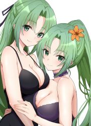 2024 2girls bare_arms black_dress black_ribbon breast_press breasts choker cleavage collarbone dot_nose dress flower green_eyes green_hair hair_flower hair_ornament hair_ribbon half_updo hand_on_another&#039;s_arm hand_on_another&#039;s_waist highres higurashi_no_naku_koro_ni hug lace lace_choker large_breasts lily_(flower) long_bangs long_hair looking_at_viewer multiple_girls official_alternate_costume orange_flower parted_bangs ponytail purple_choker purple_dress ribbon shiny_skin siblings sidelocks simple_background sisters sleeveless sleeveless_dress smile sonozaki_mion sonozaki_shion strap symmetrical_docking twins white_background yuno_ff