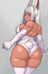 Rule 34 | 1girl, animal ears, ass, back, bare shoulders, boku no hero academia, breasts, clothing cutout, dark-skinned female, dark skin, elbow gloves, from behind, gloves, grey background, hair over shoulder, highres, huge ass, kelvin hiu, large breasts, leotard, long eyelashes, long hair, looking at viewer, looking back, mirko, notice lines, parted bangs, rabbit ears, rabbit girl, rabbit tail, red eyes, solo, tail, tail through clothes, thick thighs, thighhighs, thighs, very long hair, white gloves, white hair, white leotard, white thighhighs, wide hips