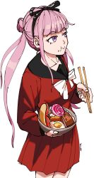 1girl black_bow bow bowl chopsticks collarbone eating egg_(food) female_focus food food_request hair_bow highres holding holding_bowl holding_chopsticks long_hair long_sleeves matching_hair/eyes pink_eyes pink_hair pleated_skirt red_skirt simple_background skirt solo solo_focus the_hundred_line_-last_defense_academy- tsukumo_kako twintails white_background