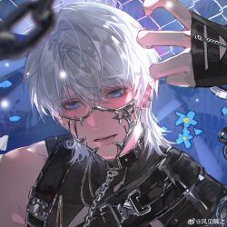 Rule 34 | 1boy, arm wrap, belt collar, black collar, blue eyes, blue flower, blush, chain, chain-link fence, chain leash, chinese commentary, collar, cuffed, cuffs, ear piercing, fence, fengjian yuzhi, flower, forget-me-not (flower), hair between eyes, hand up, handcuffs, highres, leash, looking at viewer, love and deepspace, lower teeth only, male focus, mask, mouth mask, official alternate costume, parted lips, piercing, portrait, short hair, shoulder belt, shrug (clothing), single bare shoulder, solo, teeth, watermark, weibo watermark, white hair, xavier (love and deepspace)
