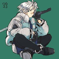 1boy aged_down bandaid bandaid_on_face bandaid_on_nose black_boots black_gloves black_thighhighs blue_wetsuit boots cropped_jacket dated final_fantasy final_fantasy_vii final_fantasy_vii_ever_crisis full_body gloves green_background green_eyes grey_hair hair_between_eyes highres holding holding_sword holding_weapon indian_style jacket long_sleeves male_focus nobu_(25mark) official_alternate_costume one_eye_closed over_shoulder sephiroth sephiroth_(ever_crisis) sephiroth_(natant_jacket) short_hair sitting solo sword thighhighs weapon weapon_over_shoulder white_jacket