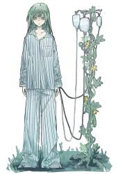 1girl bags_under_eyes bang_dream! bang_dream!_it&#039;s_mygo!!!!! blue_pants blue_shirt chara_tomato52 closed_mouth commentary cucumber_plant full_body green_hair hair_ornament hairclip hashtag-only_commentary highres intravenous_drip long_hair long_sleeves pajamas pants plant shirt sidelocks simple_background solo standing striped_clothes striped_pants wakaba_mutsumi white_background yellow_eyes