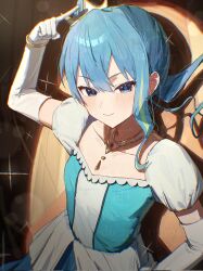 Rule 34 | 1girl, bibbidiba (hololive), blue eyes, blue hair, crown, gloves, highres, hololive, hoshimachi suisei, kouchanthree, looking at viewer, mini tiara, official alternate costume, puffy short sleeves, puffy sleeves, short sleeves, smile, solo, star (symbol), star in eye, symbol in eye, virtual youtuber, white gloves