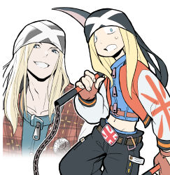 1boy absurdres axl_low bandana belt belt_buckle black_pants blonde_hair blue_eyes brown_belt buckle cropped_torso grin groin guilty_gear highres holding holding_weapon jacket kama_(weapon) long_hair long_sleeves looking_at_viewer looking_to_the_side male_focus midriff multiple_views navel nervous_sweating open_clothes open_jacket open_mouth pants plaid_clothes sach56000 sickle sideways_glance simple_background smile sweat teeth weapon white_background zipper zipper_pull_tab