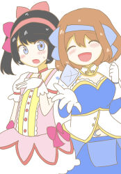 2girls black_hair blue_eyes breasts brown_hair closed_eyes cosplay gloves hair_ribbon happy heart highres kaname_madoka large_breasts legs looking_at_viewer magical_girl medium_breasts midriff miki_sayaka multiple_girls nakoruru navel open_mouth panties pulling_another&#039;s_clothes ribbon rimururu samurai_spirits short_hair siblings sisters small_breasts smile snk thighs tongue twintails underwear