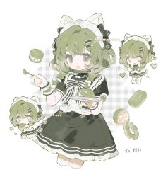 1girl animal_ears apron black_dress bow braid chibi cupcake donut dress eating food frills green_eyes green_hair hair_between_eyes hair_ornament hairclip highres holding long_hair looking_at_viewer macaron maid maid_apron maid_headdress memuro multiple_views original puffy_short_sleeves puffy_sleeves short_sleeves spoon twin_braids twitter_username wrist_cuffs
