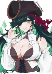 1girl absurdres anchor_earrings bicorne black_hair black_hat breasts brown_corset cersea_soulstorm cleavage colored_inner_hair corset earrings eyepatch green_eyes green_hair hat highres idol_corp jewelry large_breasts long_sleeves mole mole_under_eye mole_under_mouth multicolored_hair pirate red_ribbon ribbon solo twitter_username upper_body virtual_youtuber wren_(spoke088805)