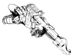 1girl betofu bike_shorts black_hair collared_shirt devil_may_cry devil_may_cry_(series) devil_may_cry_3 gloves highres kalina_ann_(weapon) lady_(devil_may_cry) lying on_back rocket_launcher scar scar_on_face scar_on_nose shirt short_hair simple_background weapon white_background