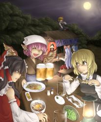 6+girls alcohol animal_ears beer black_hair blonde_hair blue_eyes bow cup earrings eel female_focus food food_stand fujiwara_no_mokou full_moon hair_bow hakurei_reimu headscarf highres japanese_clothes jewelry kamishirasawa_keine kirisame_marisa moon mug multiple_girls mystia_lorelei night noren okamisty pink_hair red_eyes rumia table tasuki toritora touhou white_hair wings yakisoba