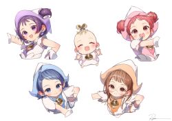 5girls ahoge baby blonde_hair blue_dress blue_eyes blue_hair brown_eyes brown_hair double_bun dress earrings fortissimo fujiwara_hazuki glasses gloves hair_bun hair_ornament hair_through_headwear harukaze_doremi hat jewelry long_hair magical_girl makihatayama_hana medium_hair multiple_girls musical_note musical_note_hair_ornament ojamajo_doremi one_side_up orange_dress pink_dress purple_eyes purple_hair red_eyes red_hair rope round_eyewear ryota_(ry_o_ta) segawa_onpu senoo_aiko short_hair short_sleeves sphere_earrings white_dress white_gloves white_hat white_rope witch_hat