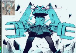 4th_chaos_emerald claws cosplay fusion gen_3_pokemon hatsune_miku holding long_hair mechanical_arms metagross nintendo photo-referenced photo_inset pokemon reference_inset skirt standing twintails vocaloid