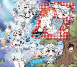 ahoge bare_shoulders bird blue_eyes breasts fox hair_ornament hair_ribbon highres indie_virtual_youtuber leg_warmers mikazuki_silvi owl owl_ears owl_girl powderpuff ribbon skirt small_breasts squirrel twintails virtual_youtuber