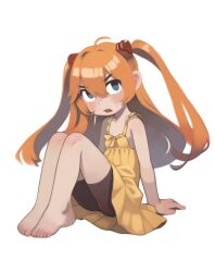 Rule 34 | 1girl, adjusting hair, ahoge, arm support, ass, bare legs, bare shoulders, barefoot, bike shorts under skirt, black shorts, blue eyes, brown hair, chibi, choker, dress, feet, flat chest, full body, hair between eyes, ibispaint (medium), interface headset (evangelion), knees up, long hair, looking at viewer, neon genesis evangelion, open mouth, qtkat, shorts, simple background, sitting, solo, souryuu asuka langley, spaghetti strap, sundress, sweatdrop, toes, twintails, white background, yellow dress