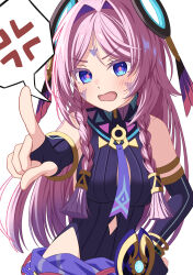 1girl absurdres anger_vein arm_warmers black_arm_warmers black_leotard black_shorts blue_eyes blush braid breasts citlali_(genshin_impact) cowboy_shot facial_mark facing_viewer floating_headgear forehead_mark genshin_impact gold_armlet hair_intakes headgear highres leotard long_hair medium_breasts open_mouth parted_bangs pink_hair pink_pupils pointing purple_skirt ribbed_leotard ring_hair_ornament seshirun shorts side_braid simple_background skirt solo spoken_anger_vein triangle triangle_facial_mark twin_braids vision_(genshin_impact) white_background