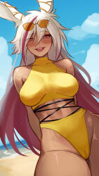 1girl abs absurdres animal_ears arms_behind_back beach bikini blue_sky cameltoe cloud cloudy_sky collarbone commentary commission drooling english_commentary eyebrows_hidden_by_hair eyes_visible_through_hair eyeshadow facing_viewer high-waist_bikini highleg highleg_bikini highres lipstick long_hair looking_at_viewer makeup meowrim mole mole_under_mouth multicolored_hair ocean open_mouth original pink_lips rabbit_ears rabbit_girl red_eyes red_eyeshadow red_hair saliva sand sitting sky sleeveless sleeveless_turtleneck smile solo streaked_hair swimsuit teeth turtleneck upper_teeth_only very_long_hair white_hair yellow_bikini