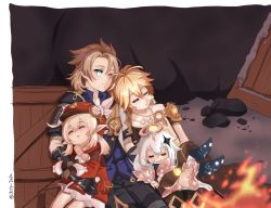 Rule 34 | 2boys, 2girls, ;), aether (genshin impact), ahoge, albedo (genshin impact), belt, black gloves, bloom, blue eyes, blurry, bonfire, braid, brown gloves, brown hair, brown scarf, newsboy cap, closed eyes, clover print, coat, collarbone, commentary, depth of field, dress, earrings, elbow gloves, english commentary, fire, genshin impact, gloves, hair between eyes, hair ornament, halo, hat, hat feather, hat ornament, highres, hug, jewelry, julydelic, klee (genshin impact), light brown hair, long hair, long sleeves, looking at viewer, low ponytail, low twintails, mechanical halo, multiple boys, multiple girls, one eye closed, paimon (genshin impact), parted lips, pocket, pointing, ponytail, red coat, red headwear, scar, scar on neck, scarf, short hair, short sleeves, sidelocks, single braid, sleeping, sleeping on person, smile, twintails, twitter username, white dress, white hair