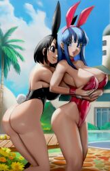 2girls absurdres alternate_costume animal_ears areola_slip ass bare_shoulders black_eyes black_hair blue_eyes blue_hair blue_sky blush bra_(dragon_ball) breast_grabbed_from_behind breast_press breasts day dragon_ball dragonball_z earrings elite_nappa fake_animal_ears flower grabbing_another&#039;s_breast grass groping highres hug hug_from_behind jewelry large_breasts leotard lips long_hair looking_back multiple_girls nipple_slip nipples novasayajingoku palm_tree pan_(dragon_ball) playboy_bunny pool short_hair sky smile tree wrist_cuffs yuri