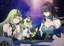 3girls absurdres aqua_dress aqua_eyes bare_shoulders black_dress black_gloves black_hair black_tiara breasts chinese_clothes cleavage closed_mouth coat critter_pick_(honkai:_star_rail) dress earrings elbow_gloves eyepatch gloves green_hair hair_ornament highres honkai:_star_rail honkai_(series) honkai_impact_3rd jewelry klein_(honkai_impact) lab_coat medical_eyepatch medium_breasts mobius_(honkai_impact) multiple_girls necklace ouroboros paper parted_lips pearl_necklace piri ruan_mei_(honkai:_star_rail) slit_pupils small_breasts smile table tiara white_coat