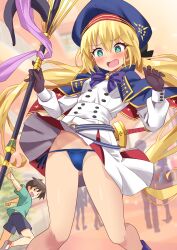 1boy 1girl artoria_caster_(fate) artoria_caster_(second_ascension)_(fate) artoria_pendragon_(fate) bare_legs belt blonde_hair blue_belt blue_capelet blue_hat blue_panties blush bow breasts bright_pupils buttons capelet clothes_lift dress dress_lift fate/grand_order fate_(series) flustered gloves green_eyes groin hair_ribbon hat highres holding holding_staff long_hair long_sleeves o-ring o-ring_belt open_mouth panties purple_bow ribbon shimouki_izui short_dress side-tie_panties skirt skirt_flip small_breasts staff staff_of_selection_(fate) standing striped_belt sword underwear upskirt w_arms weapon white_dress white_pupils
