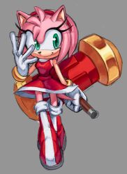 1girl amy_rose body_fur boots dress full_body furry furry_female green_eyes grey_background hammer highres holding holding_hammer kiioki11 pink_fur red_boots red_dress simple_background sketch smile solo sonic_(series)