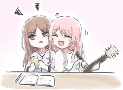 2girls bang_dream! bang_dream!_it&#039;s_mygo!!!!! blue_eyes blush brown_hair cellphone chihaya_anon closed_eyes commentary electric_guitar fang guitar holding holding_phone instrument long_hair lyy multiple_girls nagasaki_soyo open_mouth pen phone pink_hair shirt skin_fang smartphone squiggle symbol-only_commentary white_shirt