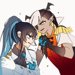 Rule 34 | 2girls, ado (utaite), black gloves, black hair, blue eyes, blue hair, chando (ado), colored inner hair, epaulettes, eyepatch, gloves, head wings, highres, injury, long hair, long sleeves, lugosi (ado), mole, mole under eye, multicolored hair, multiple girls, pike (azas ef), pointy ears, ponytail, purple eyes, show (ado), simple background, split-color hair, two-tone hair, upper body, utaite, white background, white hair, wings, yellow eyes