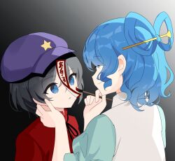 Rule 34 | 2girls, black hair, blue eyes, blue hair, chimi (s2yuyukos2), gradient background, hair ornament, hair rings, hair stick, hat, highres, jiangshi, kaku seiga, miyako yoshika, multiple girls, newsboy cap, paintbrush, purple hat, red shirt, shirt, short hair, touhou