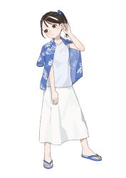 Rule 34 | 1girl, absurdres, adjusting hair, black eyes, black hair, blue shirt, blue shoes, closed mouth, commentary request, floral print, full body, hand up, highres, kariyushi shirt, looking to the side, mashiro ka, original, print shirt, sandals, shirt, shirt on shoulders, shoes, side ponytail, simple background, skirt, solo, standing, white background, white shirt, white skirt