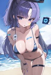 1girl absurdres alternate_costume arm_strap bandaid bandaid_on_arm bandaid_on_chest beach bikini black_halo blue_archive blue_bikini blue_sky breasts cloud collarbone commentary curtained_hair day half_updo halo hand_on_own_thigh highres kkato large_breasts leaning_forward long_hair looking_at_viewer mechanical_halo nail_polish navel ocean open_mouth outdoors ponytail purple_eyes purple_hair purple_nails short_ponytail sideboob sky solo sticker_on_face stomach string_bikini swimsuit thigh_strap very_long_hair yuuka_(blue_archive)