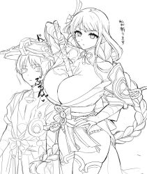 1boy 1girl alternate_breast_size armor asymmetrical_sidelocks belt blunt_bangs blunt_ends bodysuit bow breasts bridal_gauntlets chipietsu cleavage drawing_sword fan_hair_ornament feathers fingernails gem genshin_impact hand_up hat holding holding_sword holding_weapon human_scabbard japanese_clothes jingasa kimono kimono_skirt large_breasts layered_sleeves lingerie long_hair looking_at_another looking_at_viewer low-braided_long_hair low-tied_long_hair mandarin_collar middle_ring mitsudomoe_(shape) monochrome mother_and_son musou_isshin_(genshin_impact) obi obiage obijime off_shoulder open_clothes open_kimono parted_bangs parted_lips pelvic_curtain pom_pom_(clothes) raiden_shogun ribbon sash scaramouche_(genshin_impact) short_sleeves shoulder_armor shrug_(clothing) side-by-side sidelocks sword tassel thighhighs tomoe_(symbol) translation_request twitching underwear v-shaped_eyebrows very_long_hair vision_(genshin_impact) wanderer_(genshin_impact) weapon white_background wide-eyed