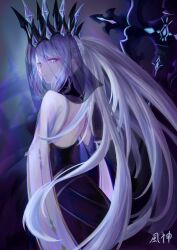 1girl blue_eyes blue_lips braid crown fate/grand_order fate_(series) fuugami half_up_braid highres long_hair long_sleeves looking_at_viewer morgan_le_fay_(fate) morgan_le_fay_(queen_of_winter)_(fate) polearm ponytail simple_background solo spear veil very_long_hair weapon white_hair