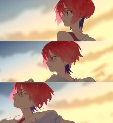 Rule 34 | 1girl, amate yuzuriha, aqua eyes, blush, closed eyes, closed mouth, cloud, earrings, gundam, gundam gquuuuuux, highres, jewelry, open mouth, orange sky, outdoors, red hair, running, shirt, short hair, sky, solo, sunset, tank top, tears, ymmmkome, zooming in