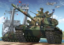 aircraft airplane assault_rifle bird bird_request brown_gloves browning_m2 camouflage camouflage_jacket camouflage_paint caterpillar_tracks closed_eyes f-5_freedom_fighter flag gloves goggles goggles_on_headwear gun headphones heavy_machine_gun helmet highres jacket m60_(machine_gun) m60_main_battle_tank machine_gun mikeran_(mikelan) military military_combat_uniform military_uniform military_vehicle motor_vehicle multiple_boys multiple_girls one_eye_closed original republic_of_china_flag rifle ship sweatdrop taiwan tank tank_helmet tit_(bird) vehicle_focus vehicle_request watercraft weapon weapon_request white_background
